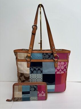 Coach Patchwork Tote Bag Wallet Set Multicolor Signature Y2K Vintage F14653